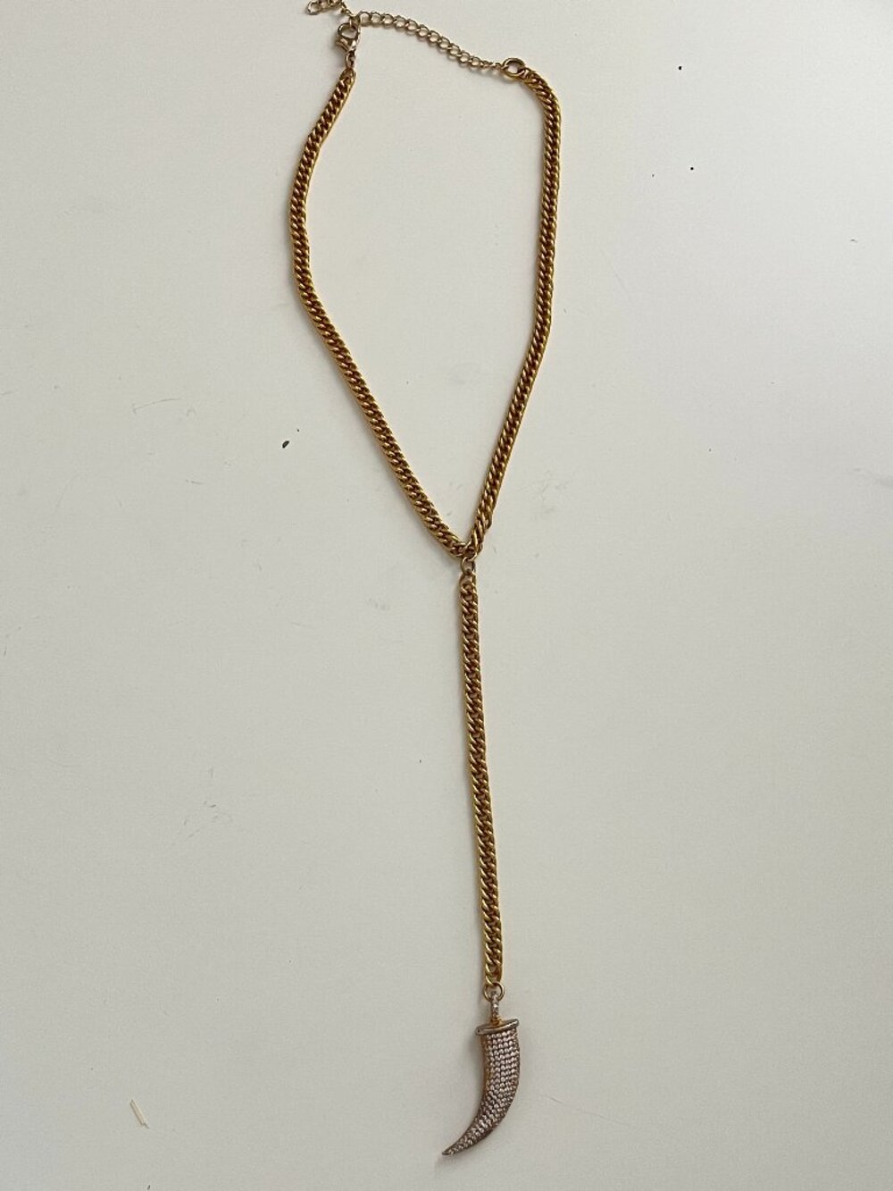 Boutique Gold Pave Crystal Horn Crescent Y Lariat Drop Curb Chain Necklace
